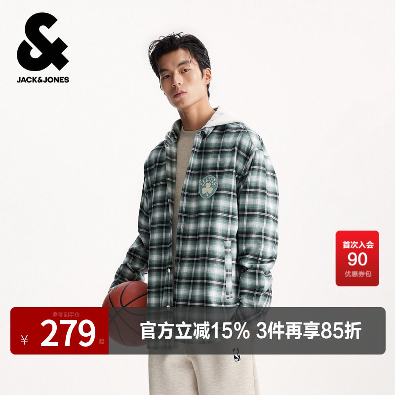 杰克琼斯春秋男装衬衫外套上衣连帽设计格纹时尚百搭潮流字母男款