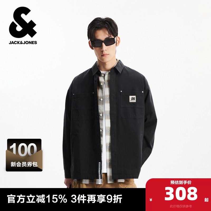 杰克琼斯男装春秋新款衬衫时尚百搭字母胶印翻领纯棉宽松长袖上衣
