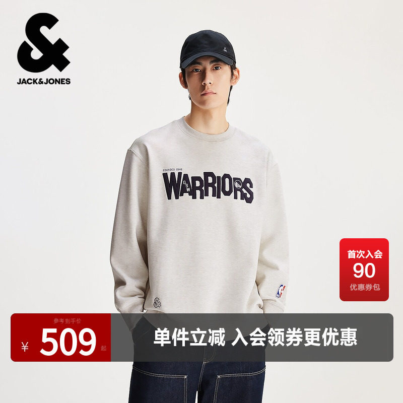 杰克琼斯奥莱春秋男装NBA联名款勇士队字母logo简约宽松圆领卫衣