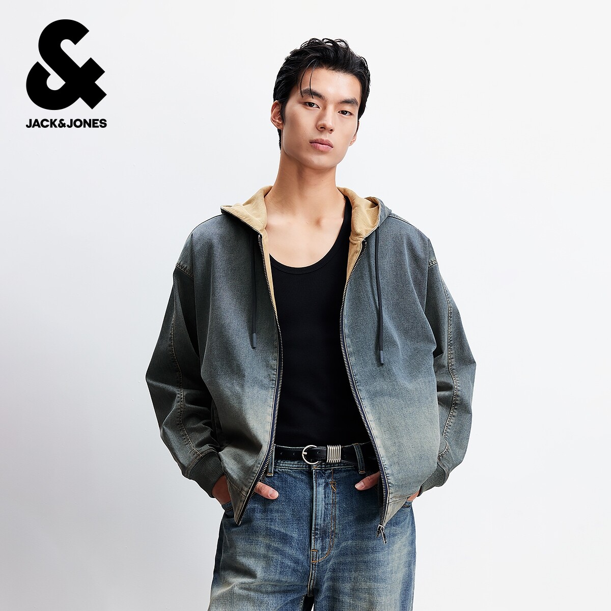 杰克琼斯奥特莱斯男生春秋季款牛仔夹克连帽复古外套美式水洗上衣