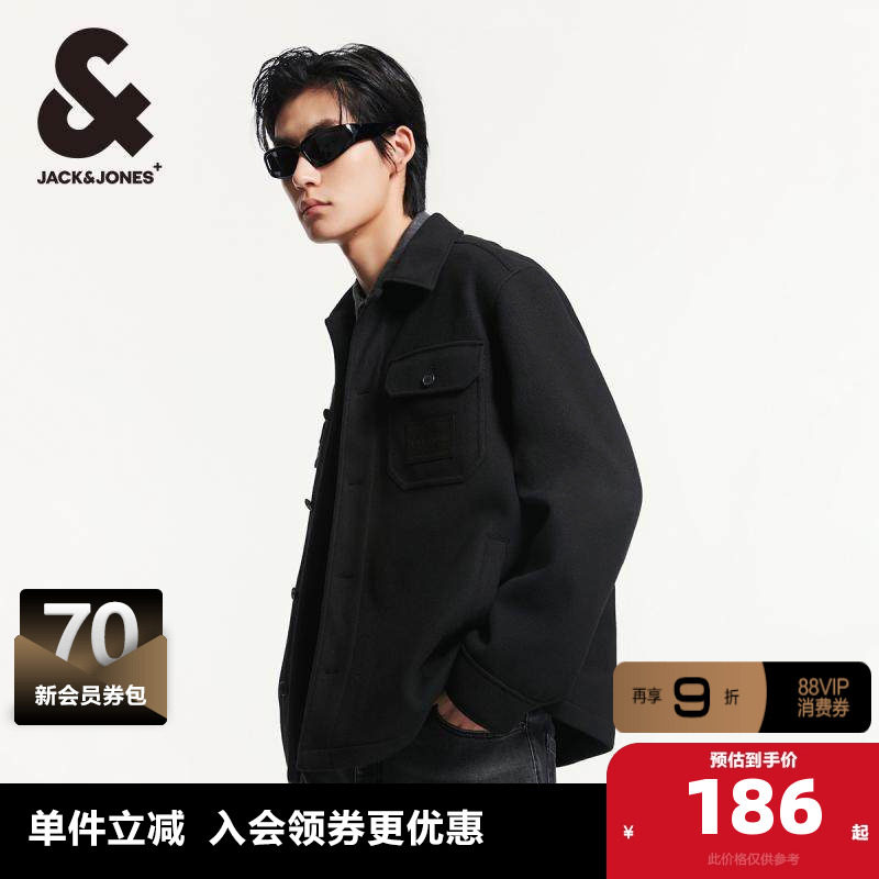 杰克琼斯男装夹克 外套男春季行政纯色翻领上衣短款仿毛呢男装