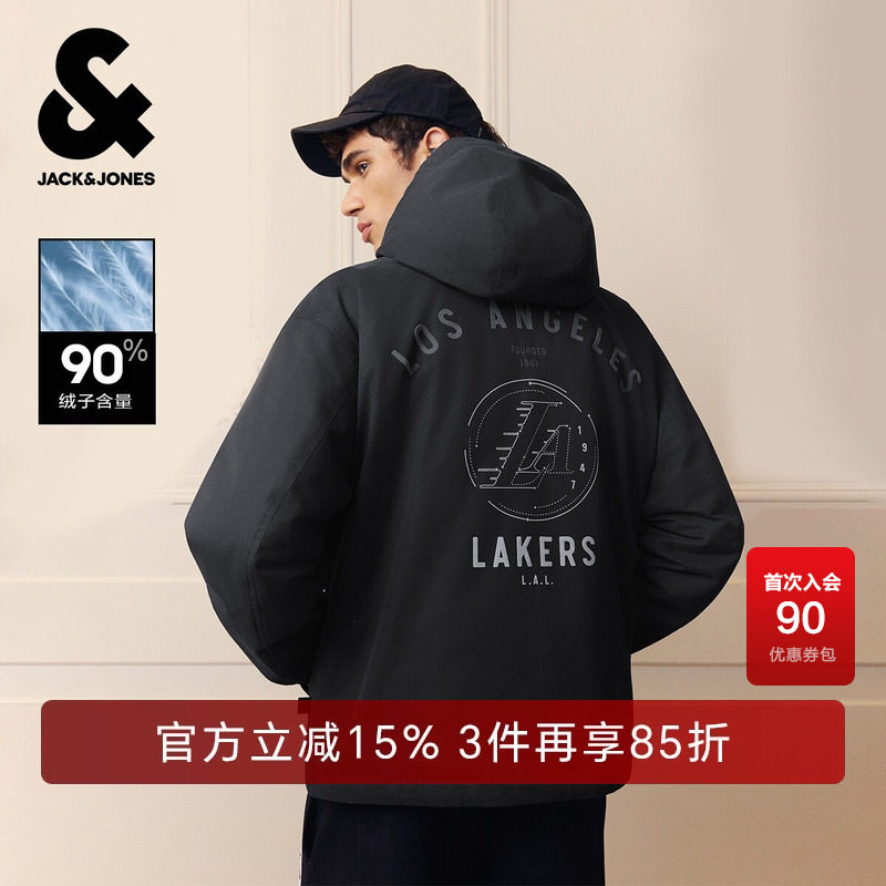 杰克琼斯奥莱NBA联名男装羽绒服秋冬新款刺绣连帽宽松保暖外套