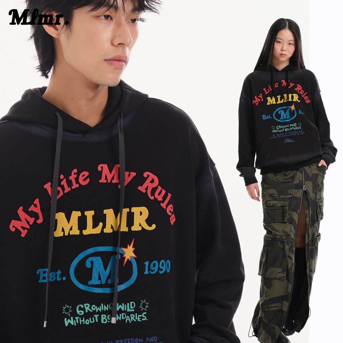 MLMR秋舒适复古风肌理感胶印水洗做旧渐变连帽卫衣男女同款男装
