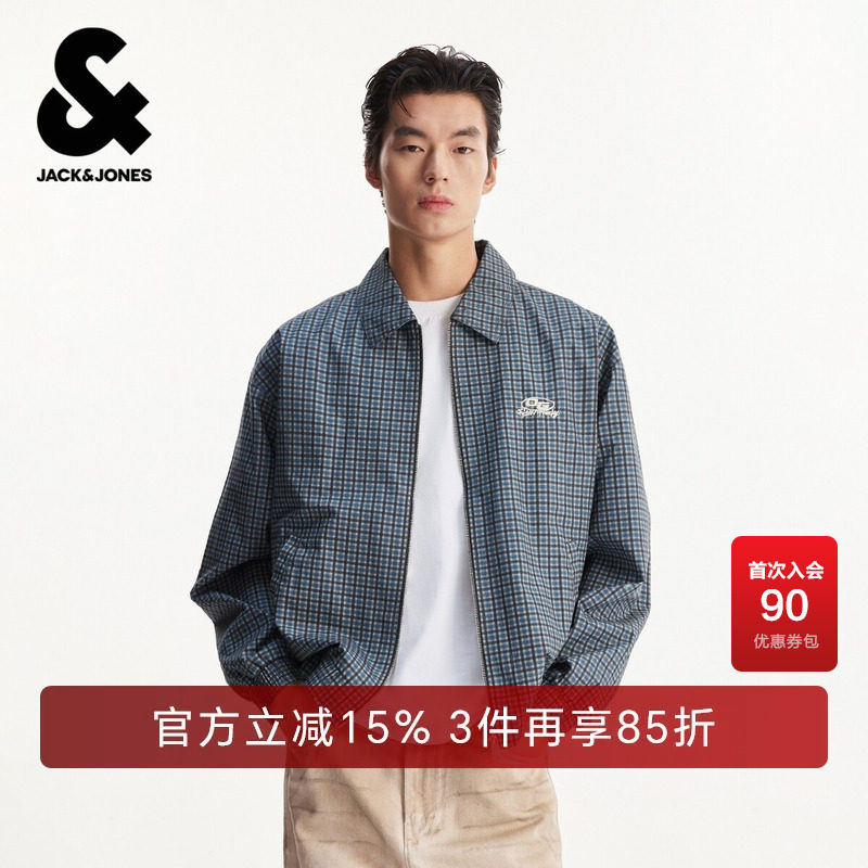 杰克琼斯男装春季夹克外套格纹图案时尚休闲百搭拉链衬衫领宽松