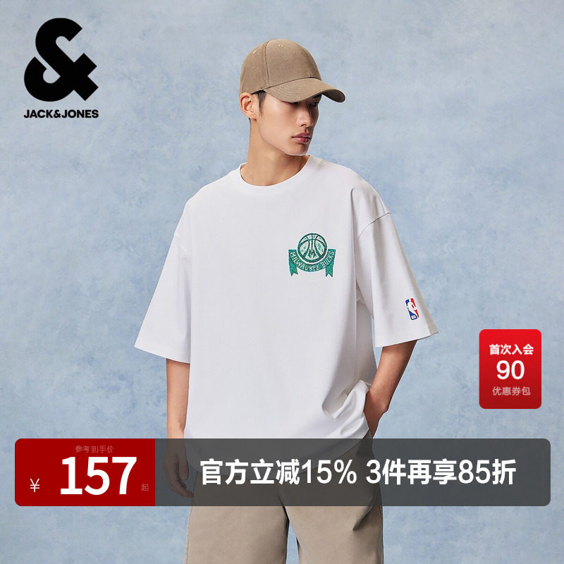 【NBA联名款雄鹿队】杰克琼斯男装短袖T恤上衣印花装饰圆领纯棉