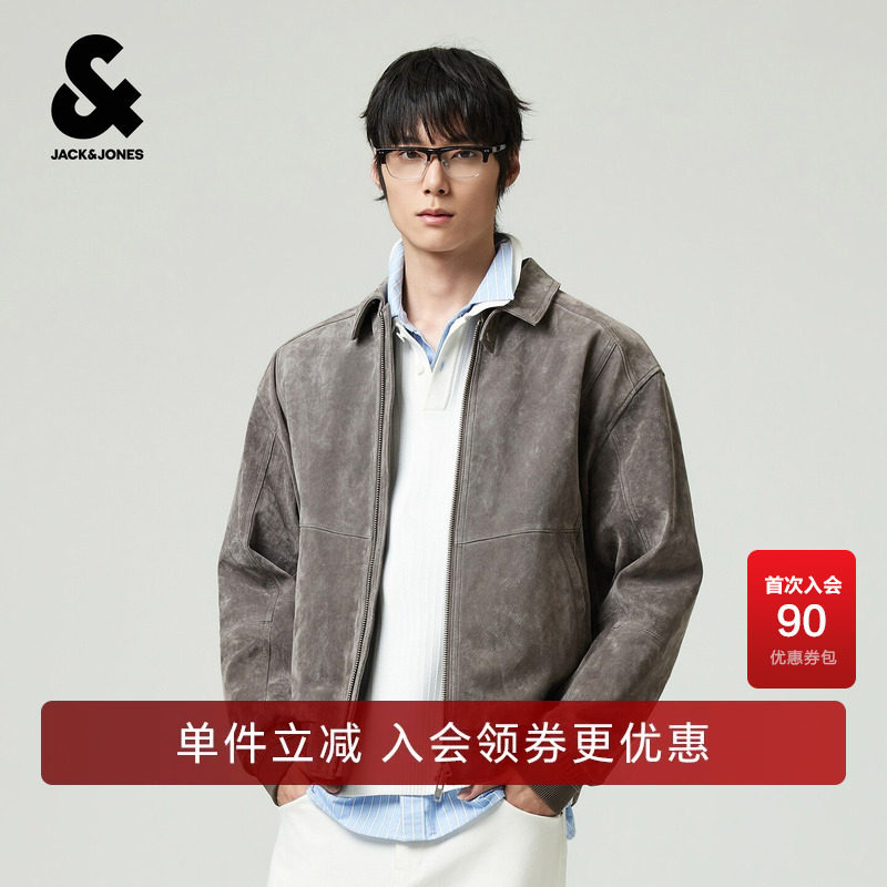 杰克琼斯男装夹克外套猪皮革百搭简约舒适休闲挺括日常翻领略宽松