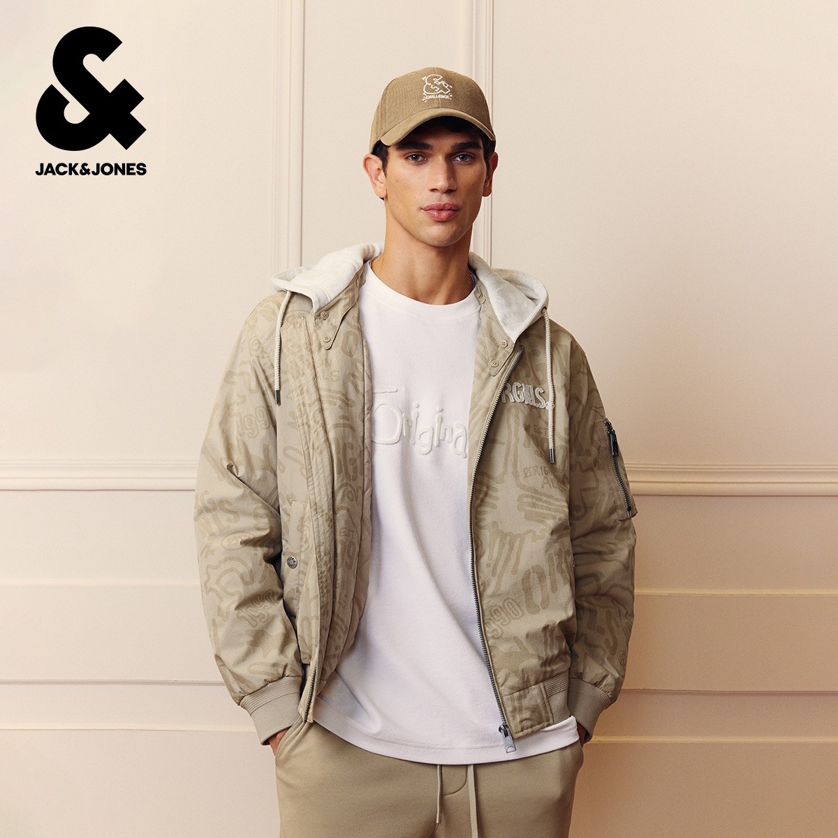 杰克琼斯奥特莱斯男装棉服春秋新款时尚刺绣logo宽松连帽保暖外套
