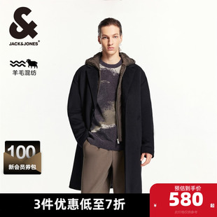 杰克琼斯春秋新款时尚潮流休闲宽松可拆卸假两件连帽毛呢大衣男装