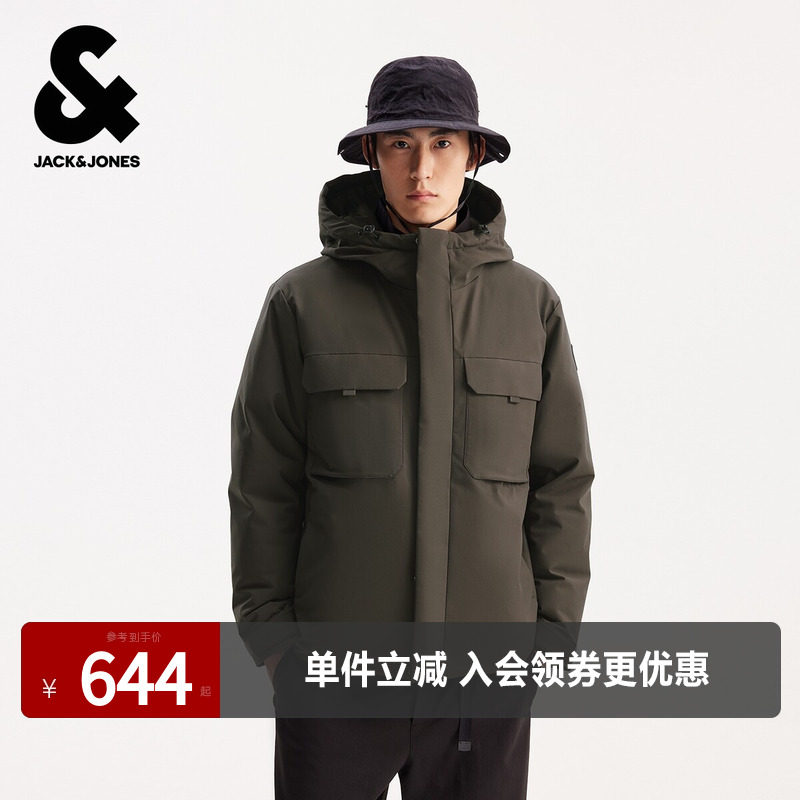 杰克琼斯男生秋冬季百搭连帽羽绒服2025年新款防水工装保暖上衣