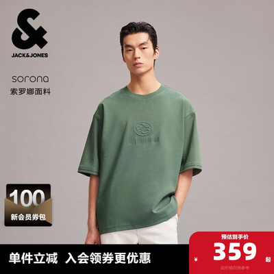 杰克琼斯男装夏季新款字母刺绣图案印花休闲OVERSIZED圆领短袖T恤