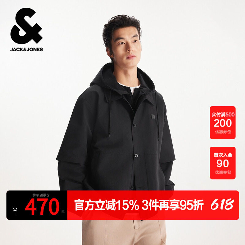 杰克琼斯男装春季夹克外套皮质LOGO潮流时尚简约休闲假两件设计