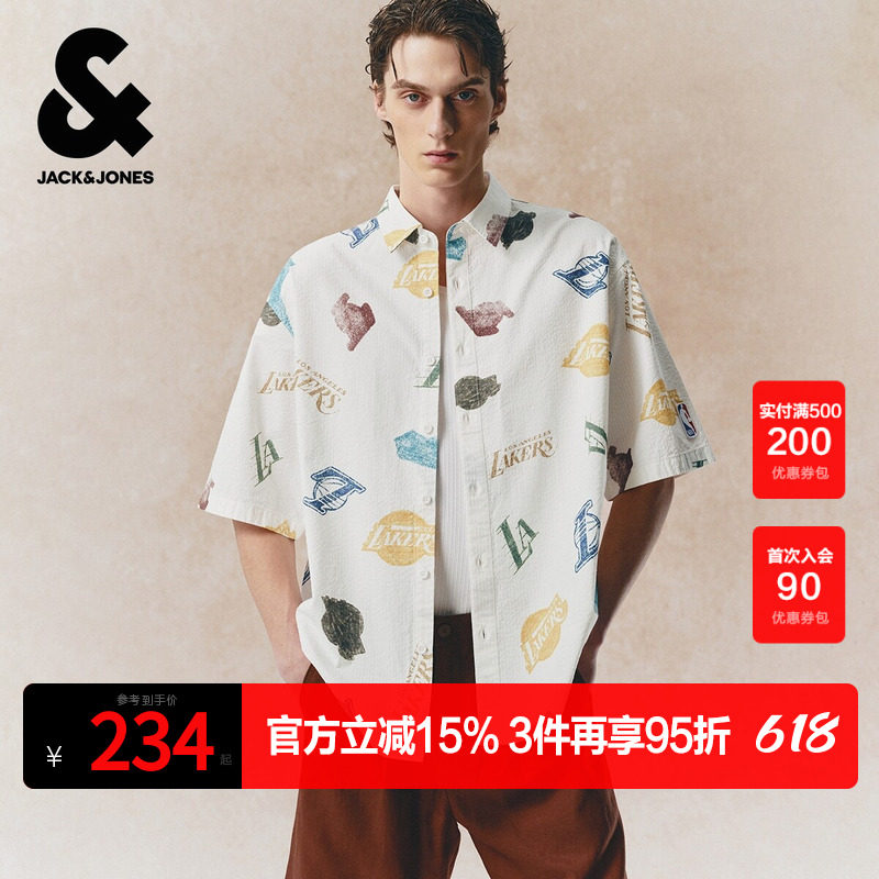 杰克琼斯夏季新款衬衫NBA联名男装时尚潮流百搭宽松短袖上衣