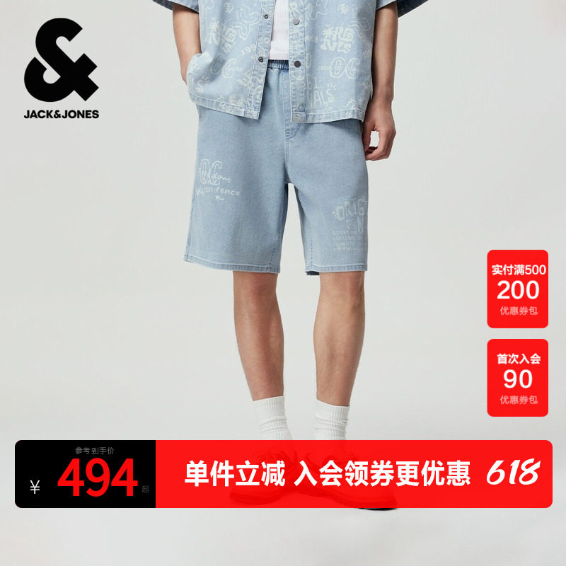 杰克琼斯男装牛仔裤短裤裤子五分裤图案印花松紧抽绳腰百搭潮宽松
