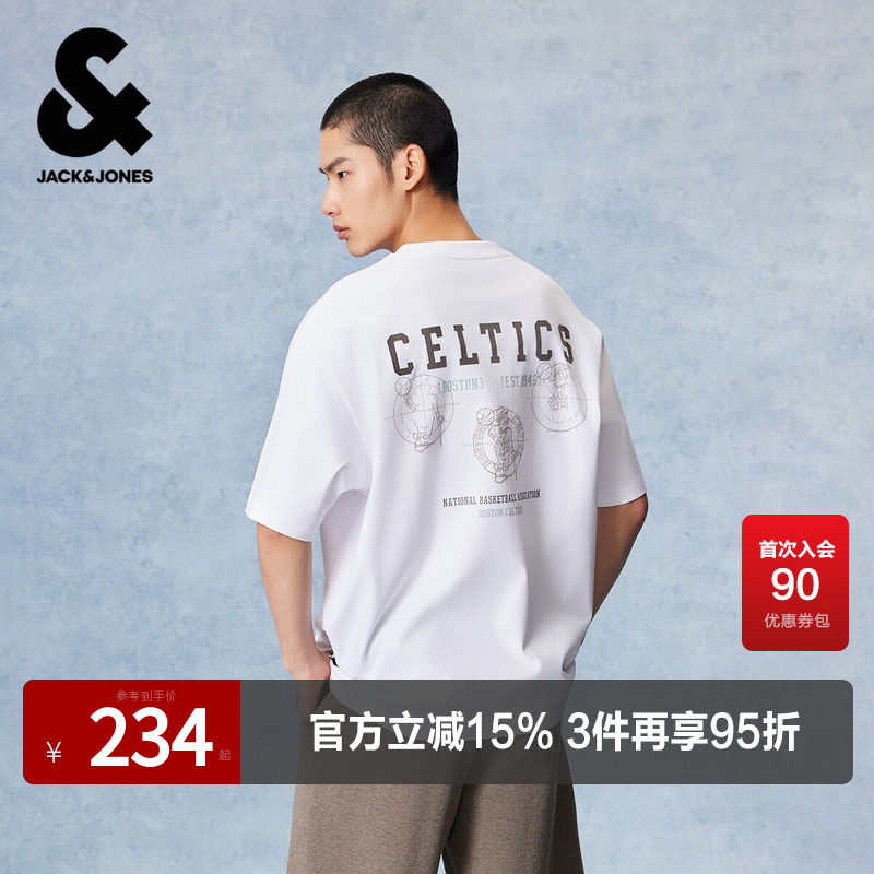 【NBA联名凯尔特人队】杰克琼斯男装短袖T恤上衣字母装饰宽松纯棉