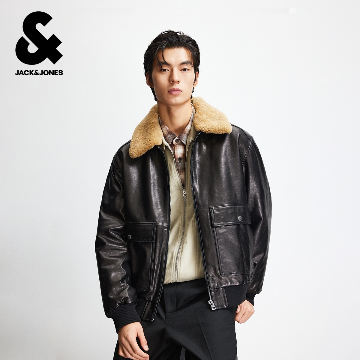 杰克琼斯奥特莱斯男装皮衣冬季新款贴袋宽松休闲翻领羊皮革外套
