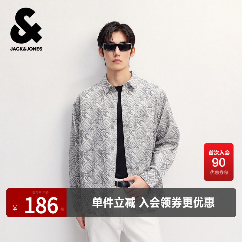 杰克琼斯奥特莱斯男装春秋衬衫配色满印图案宽松尖领贴袋长袖上衣