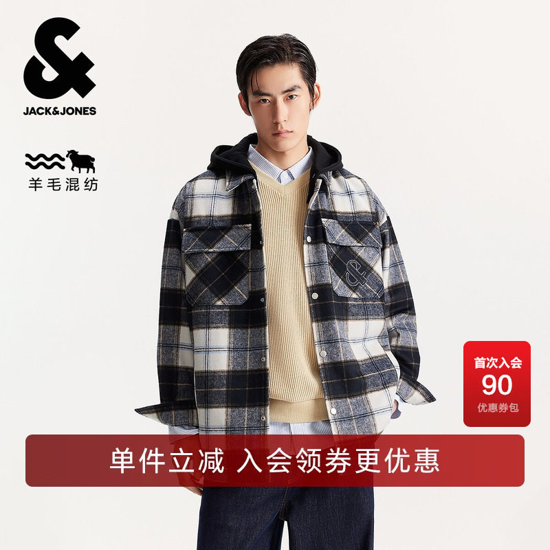 杰克琼斯男装春秋季新款羊毛混纺可拆卸连帽宽松翻领毛呢大衣外套
