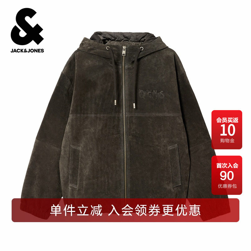 杰克琼斯男装春秋皮衣抽绳连帽纯色简约字母日常百搭长袖上衣外套
