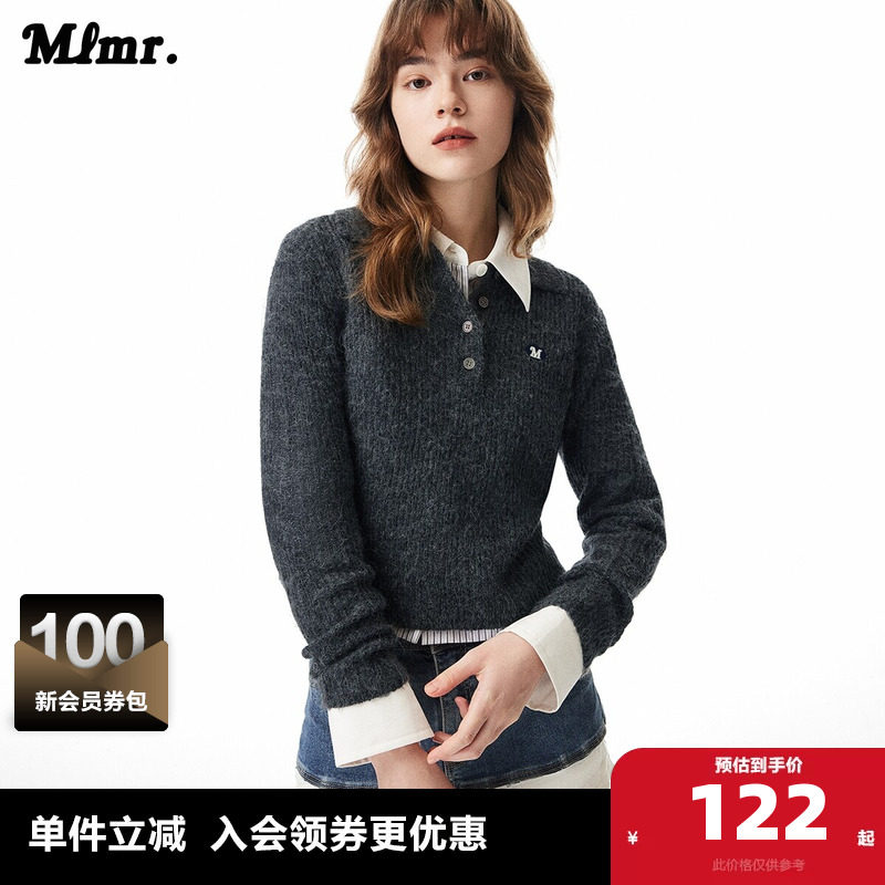 MLMR冬季新款翻领纯色插肩袖刺绣图案合体短款毛衣针织衫男女