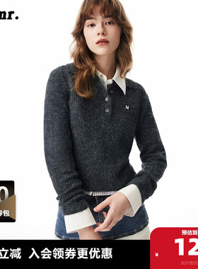 MLMR冬季新款翻领纯色插肩袖刺绣图案合体短款毛衣针织衫男女