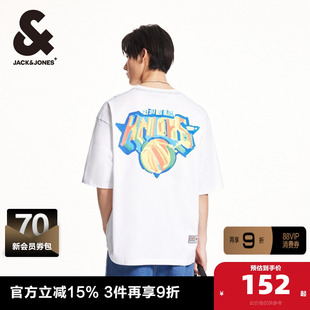 杰克琼斯NBA联名夏季新款纽约尼克斯队涂鸦印花纯棉男士短袖T恤