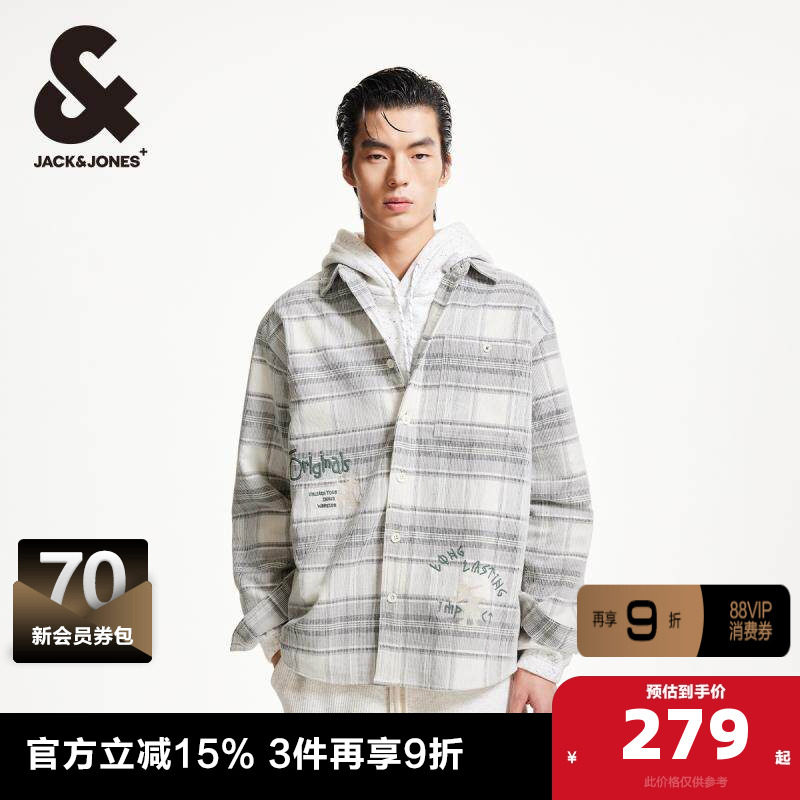 杰克琼斯春季字母刺绣背后印花衣身格纹宽松舒适百搭时尚衬衫男装