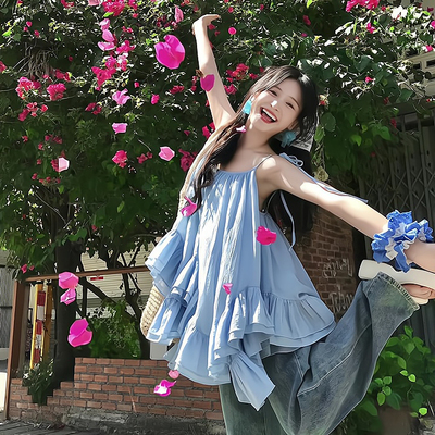 仙气风蓝色吊带连衣裙女