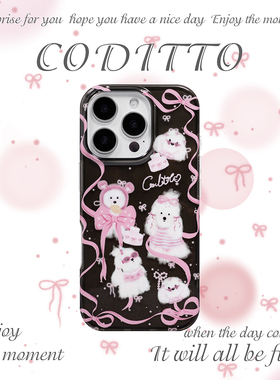 coditto丝带小狗双层印花透黑适用iPhone16promax手机壳可爱少女心苹果16pro15promax保护套卡通14promax1516