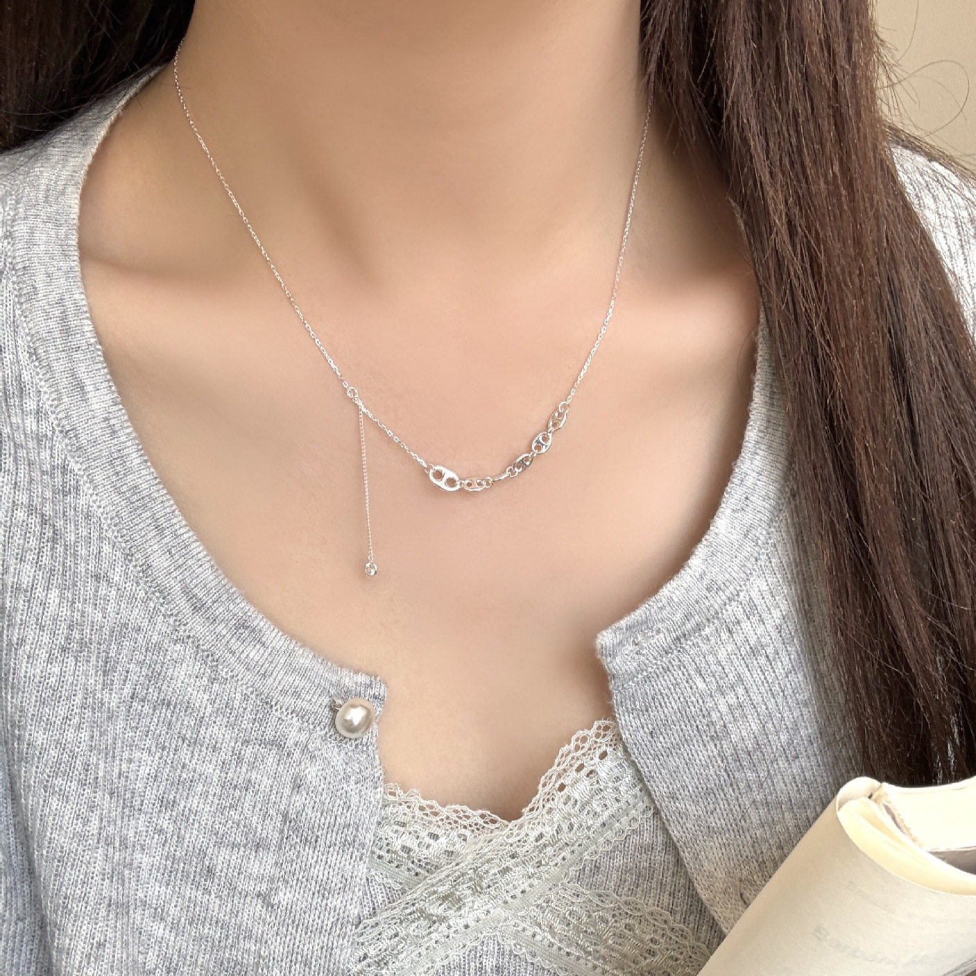s925纯银猪鼻子链条流苏项链女韩