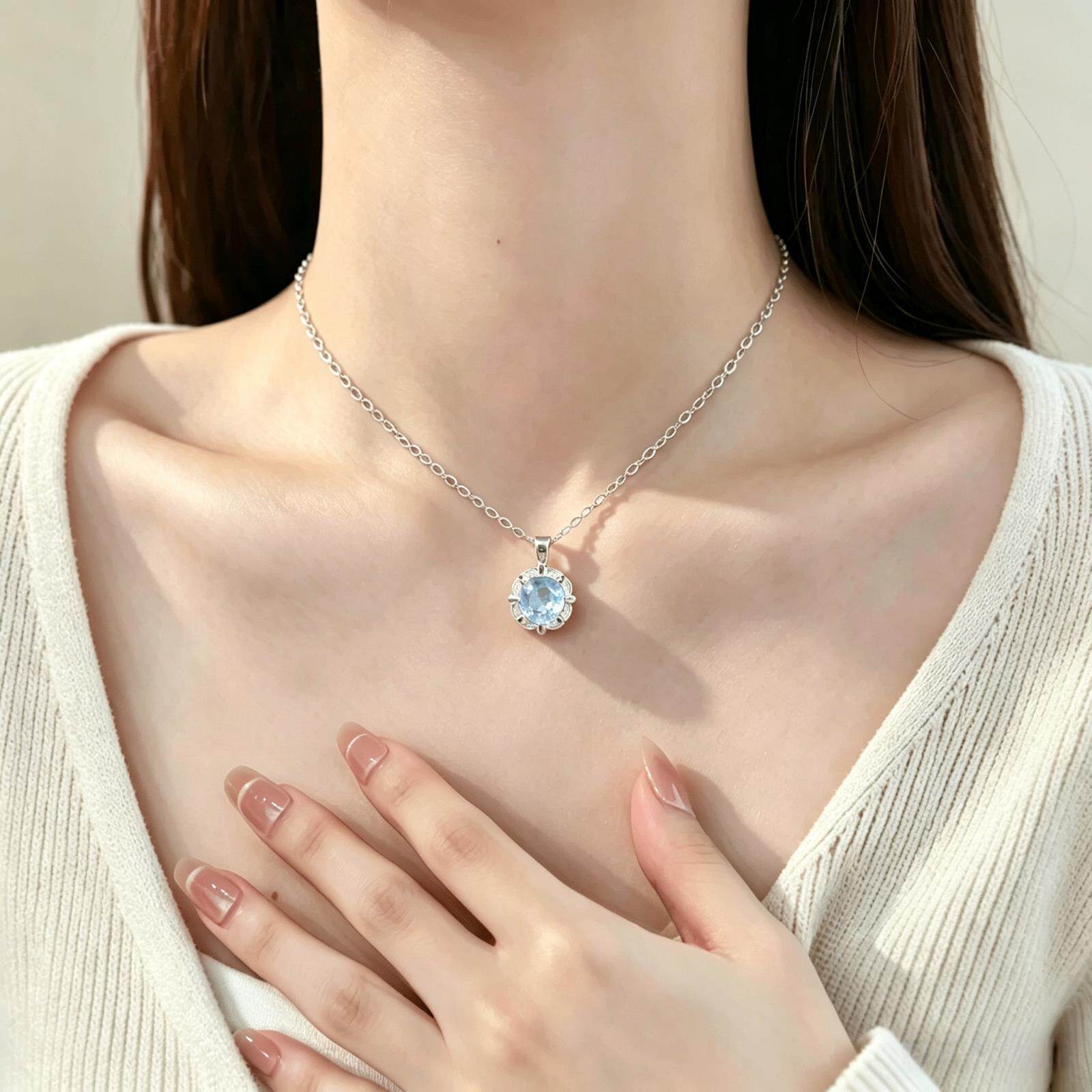 S925纯银梦幻花朵蓝色锆石项链女