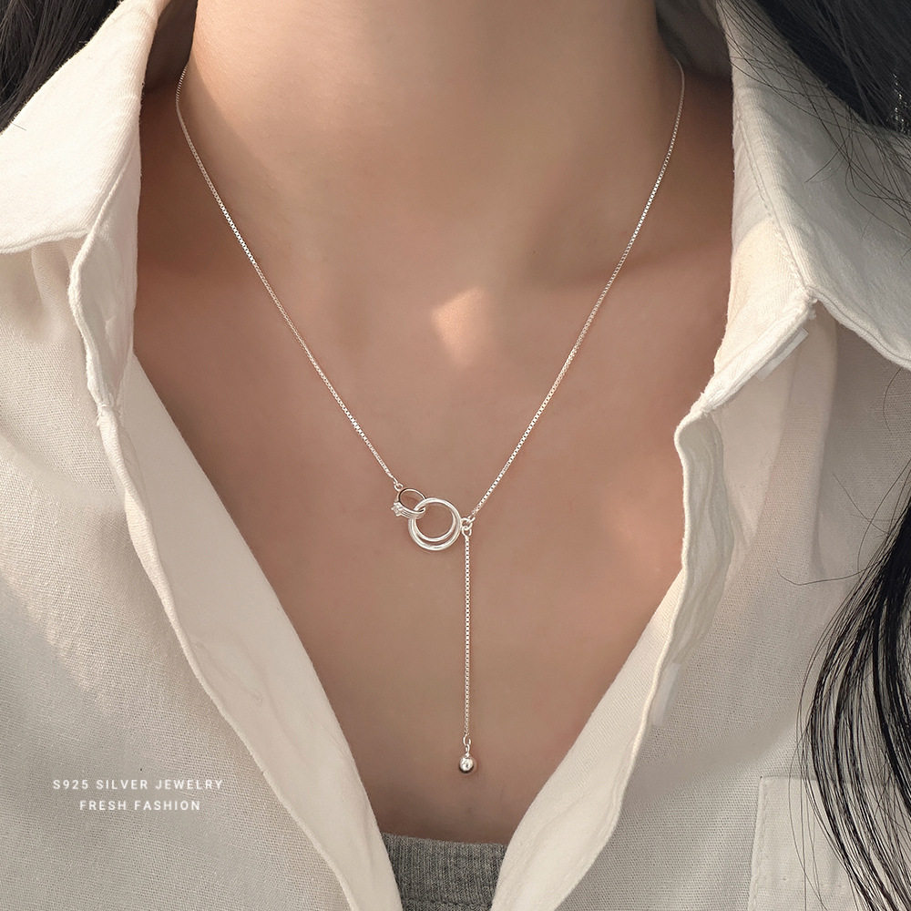 s925纯银环环相扣项链女流苏小圆