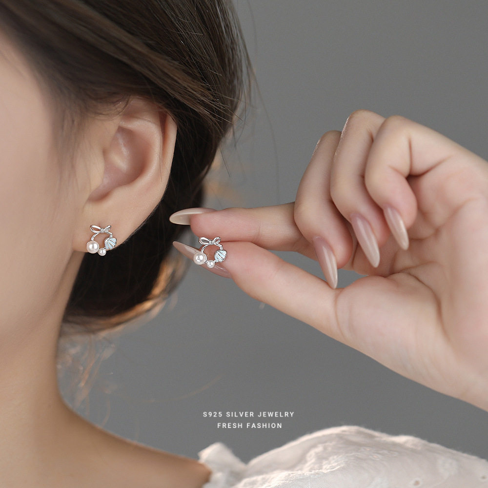 S925纯银线条蝴蝶结珍珠耳钉女小