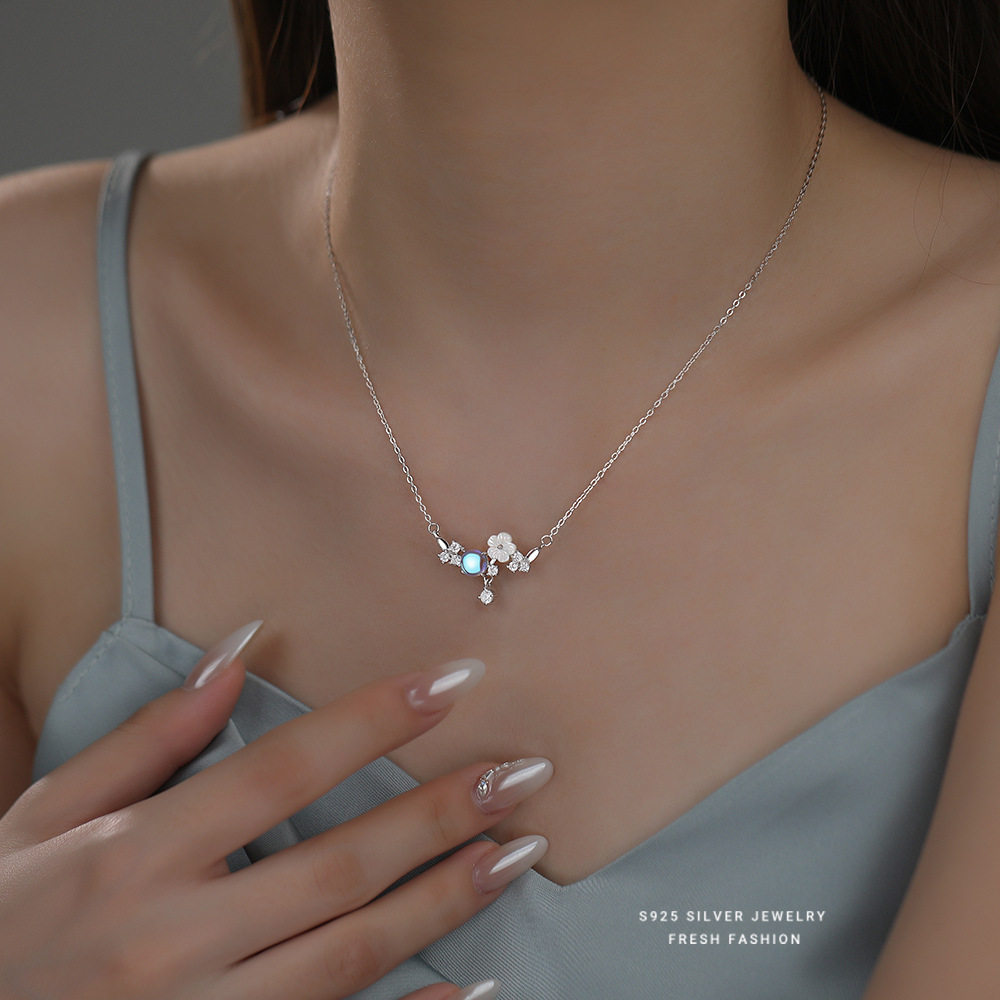 热销S925纯银月光石山茶花项链女
