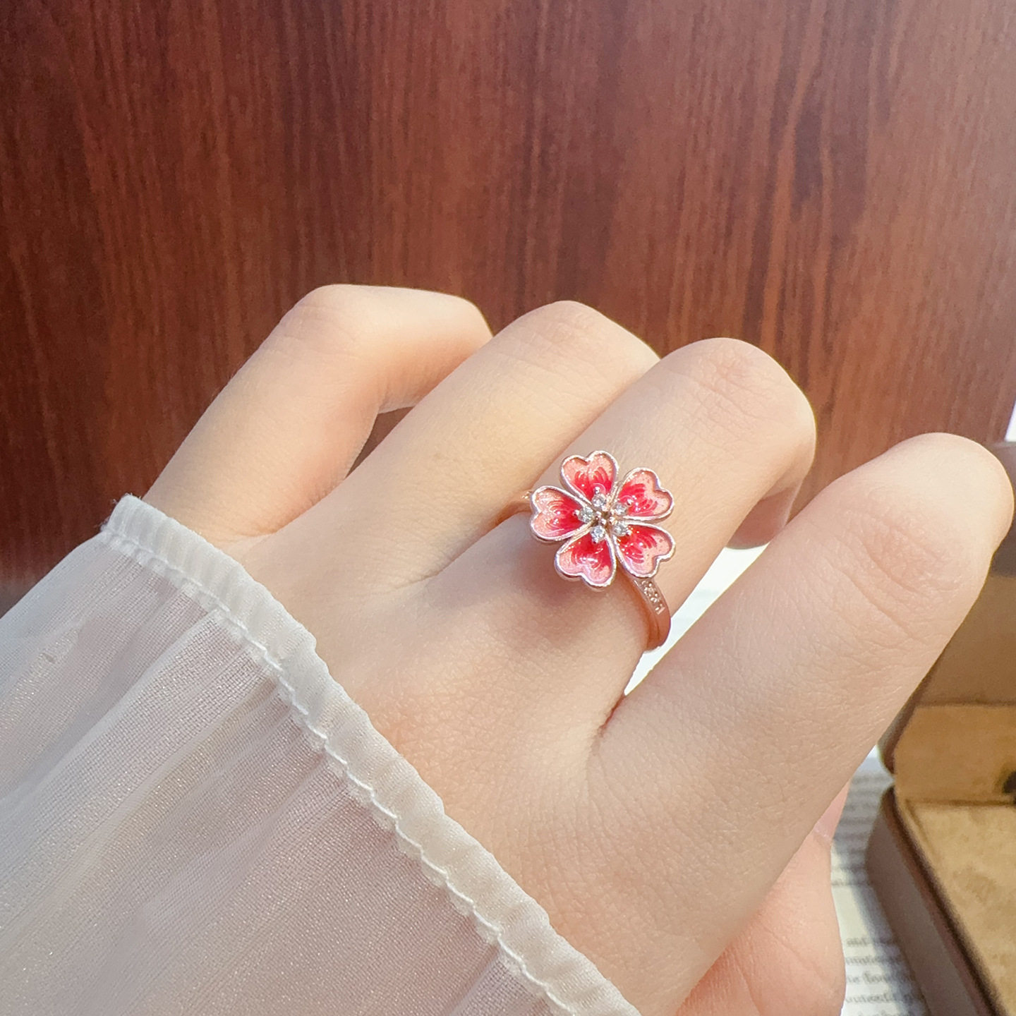 s925纯银珐琅渐变粉桃花戒指女士