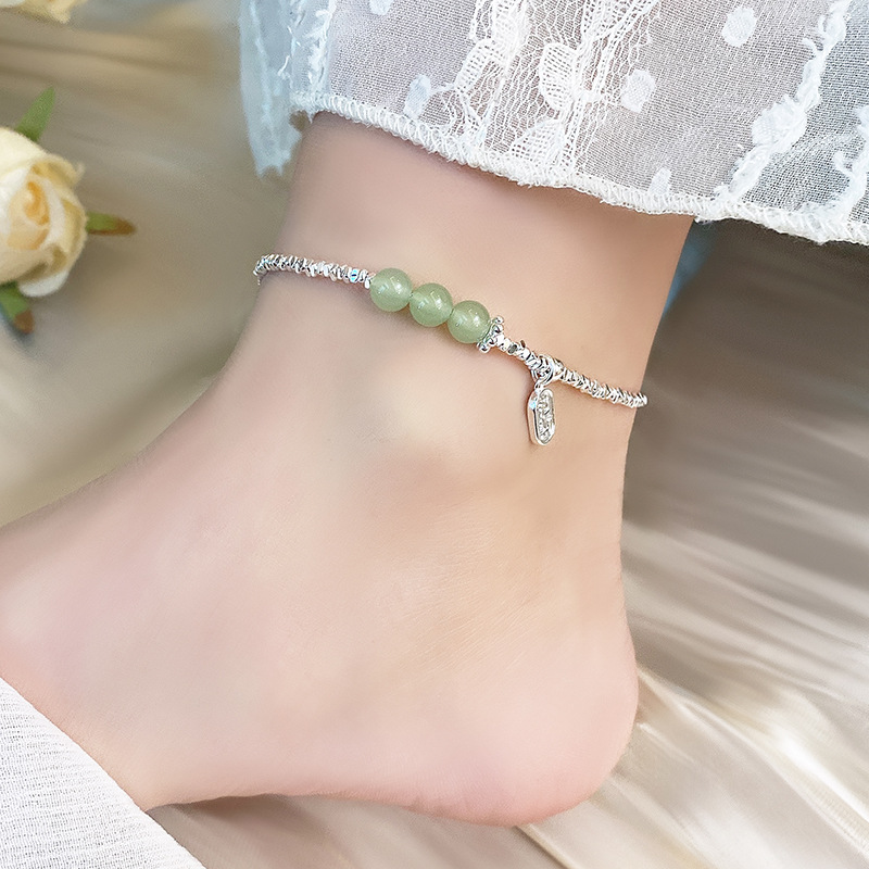 轻奢碎银子和田玉脚链女小众古风