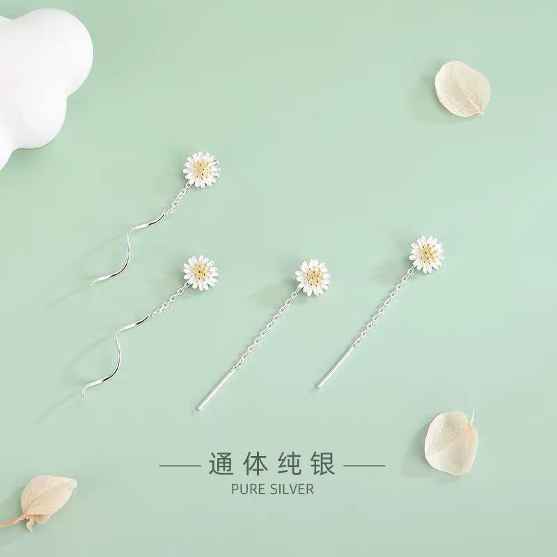 s925纯银小雏菊耳线日韩菊花耳饰