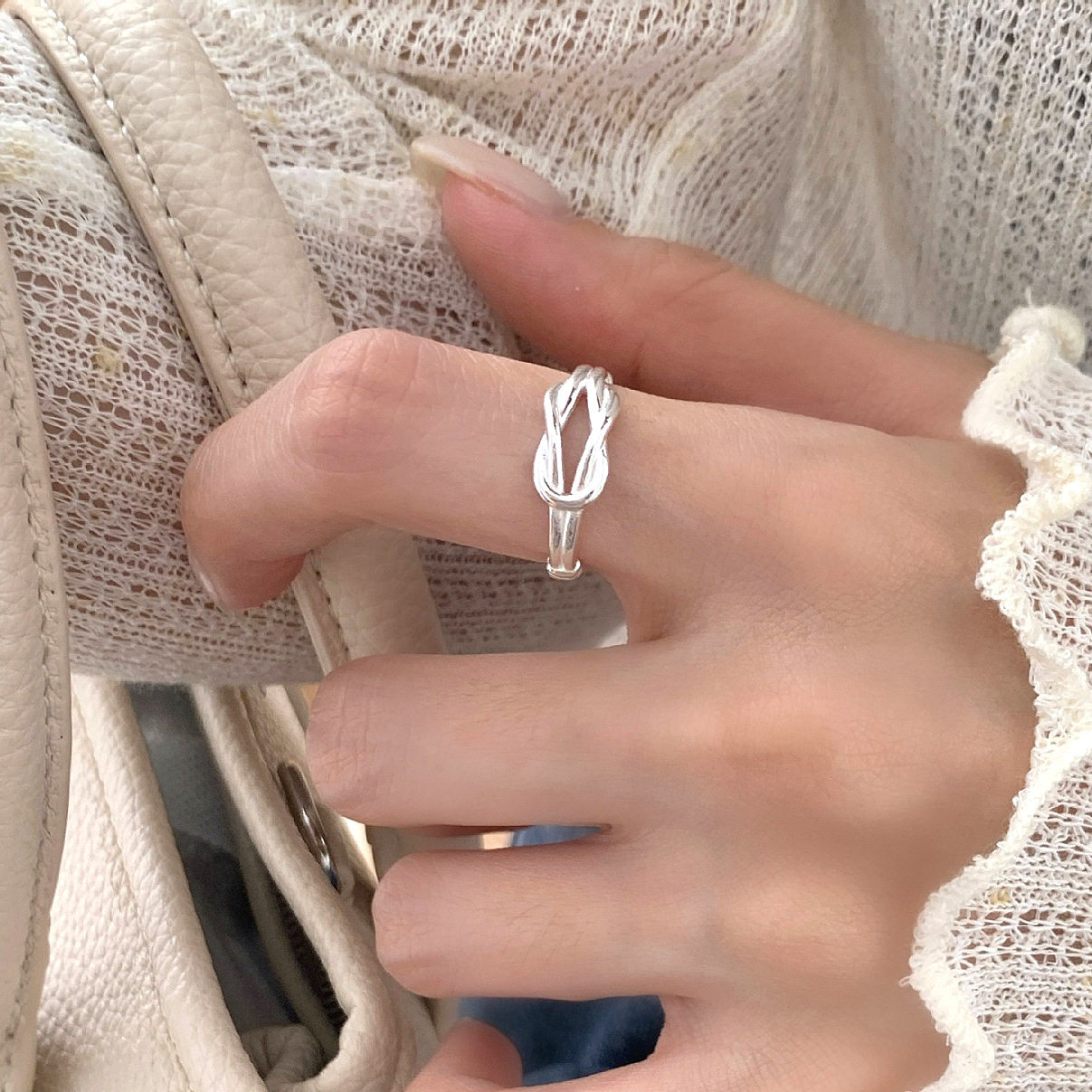S925纯银镂空麻花打结戒指女韩系