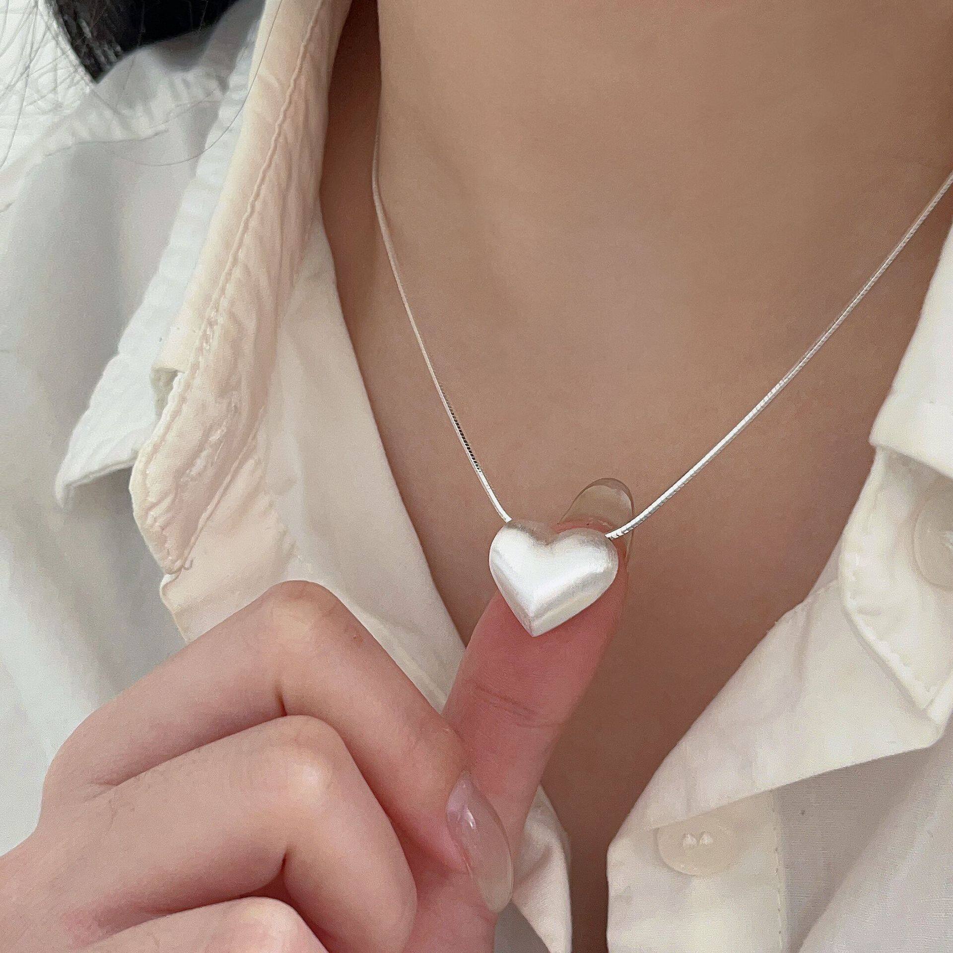 S925纯银拉丝磨砂大爱心项链女韩