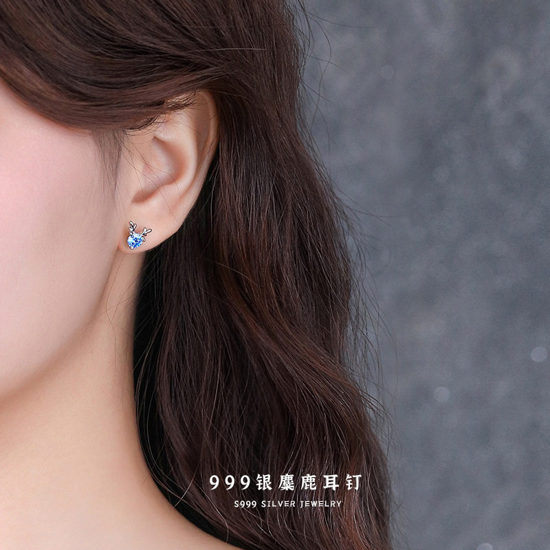 s999纯银一鹿有你锆石耳钉女轻奢