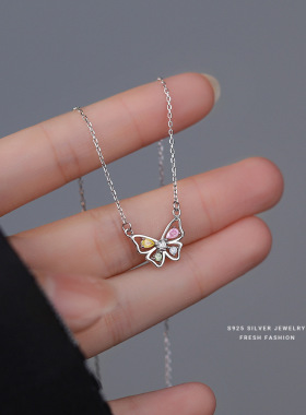 s925纯银幻彩冰花石蝴蝶项链仙气