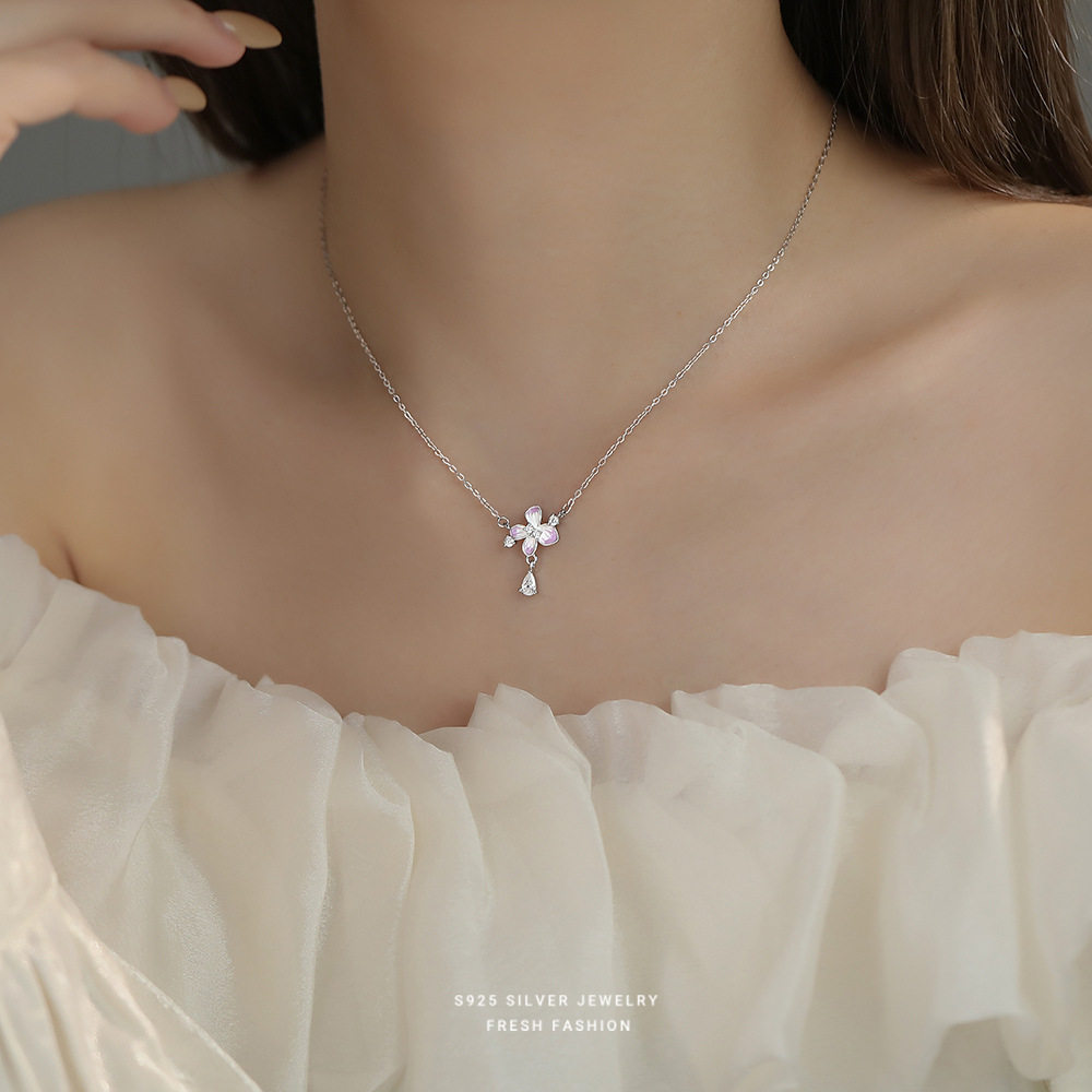 S925纯银粉紫滴胶莺尾花项链女流