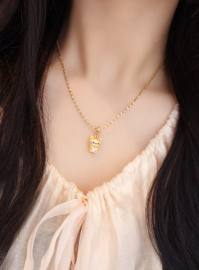 s925纯银拉丝铜钱猫咪项链女时尚