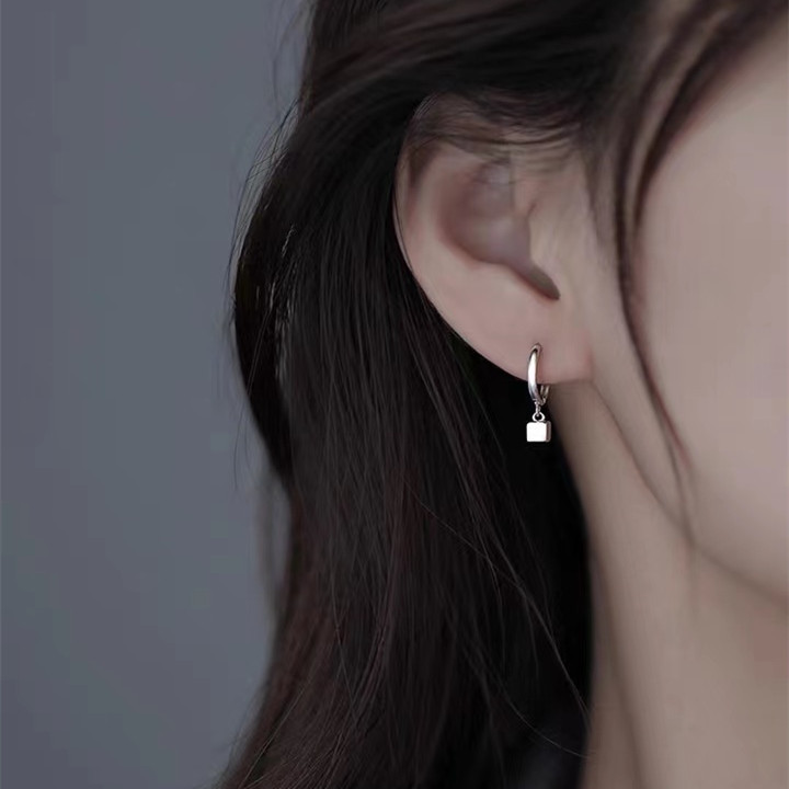 s925纯银方块耳环女夏小众设计耳