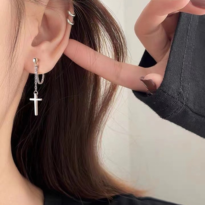 s925纯银十字架流苏耳环女嘻哈独