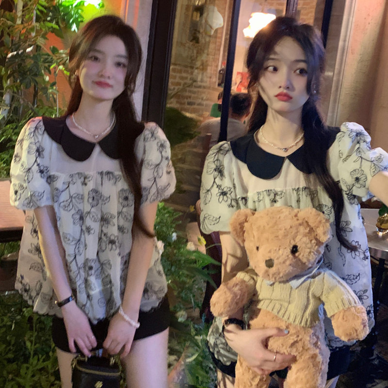 MATERNITY SUMMER 2023 NEW KOREAN VERSION SET DOLL COLLAR COLOR-BLOCKED TOP + BELLY SUPPORT SHORTS LOOSE TWO-PIECE SET