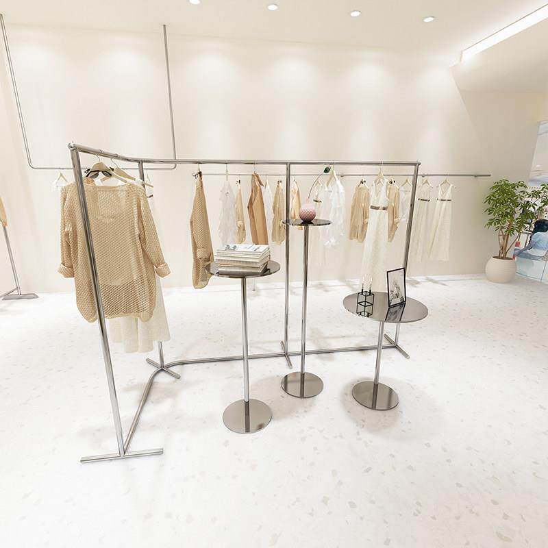 女装店货架展示架不锈钢拉丝组合中岛架服装店挂衣架落地式陈列架