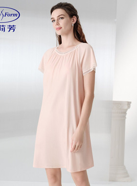 安莉芳春夏款100%棉质短袖蕾丝边V领带杯垫女士家居睡裙ELW1236F