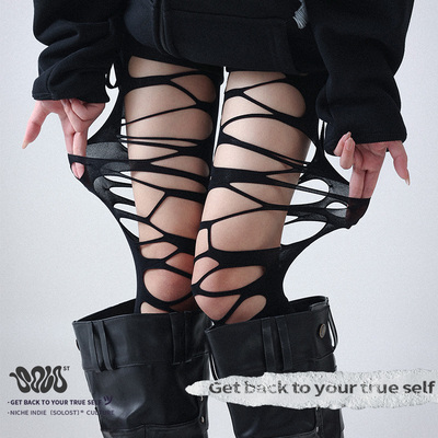 Solost 刀割破坏黑色渔网丝袜女性感显瘦千禧辣妹朋克哥特风黑丝