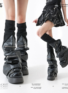 Solost暗黑机能风拉链ro皮质腿套辣妹显瘦亚文化大码胖mm长筒袜套