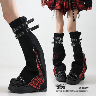 Solost 亚文化牛仔格子腿套女微喇显瘦辣妹舞蹈穿搭长筒绑带袜套